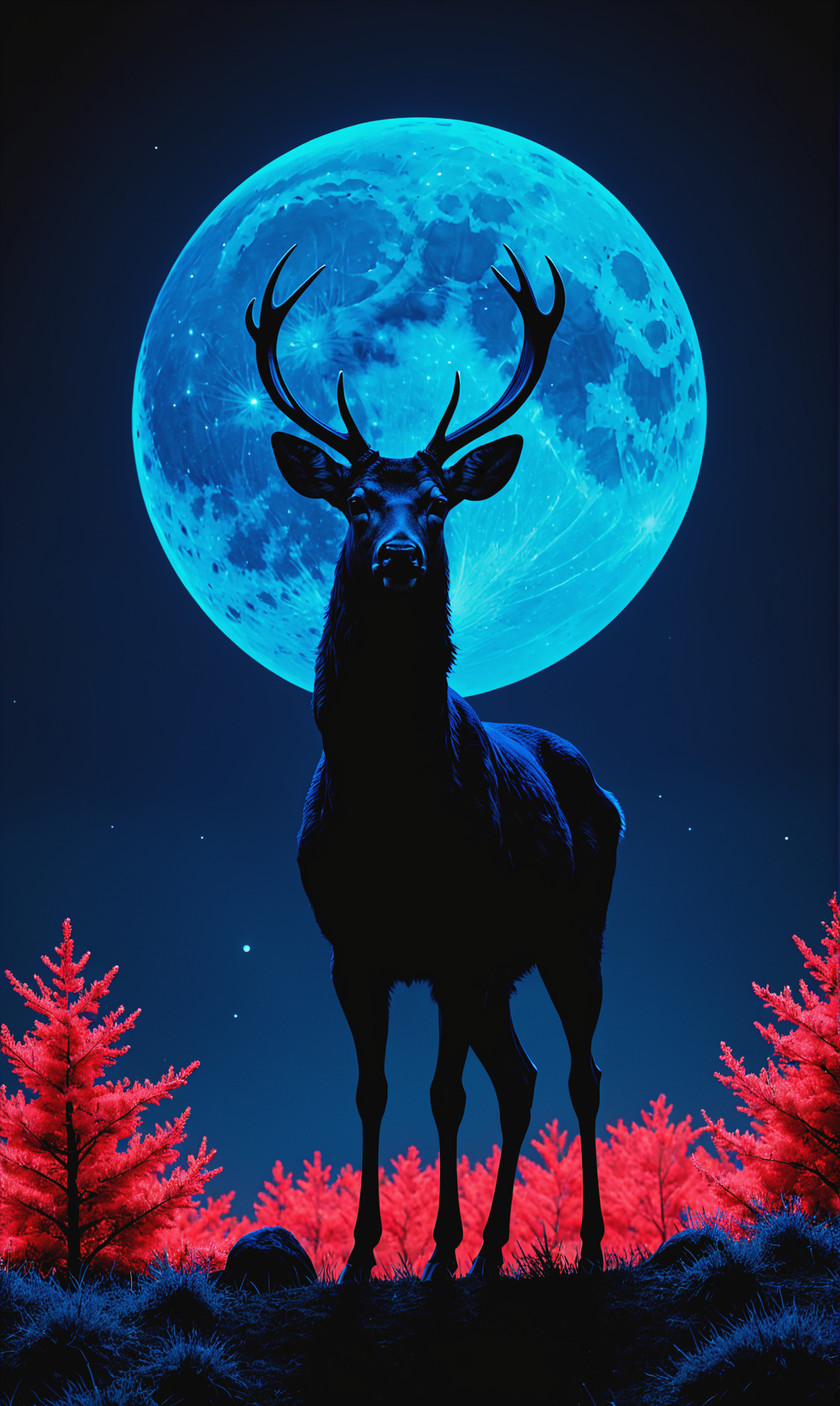 01033-2052135353-Black canvas, black over indigo minimalism, duotone red neon, and indigo colour, a deer standing infront of a indigo over black.png